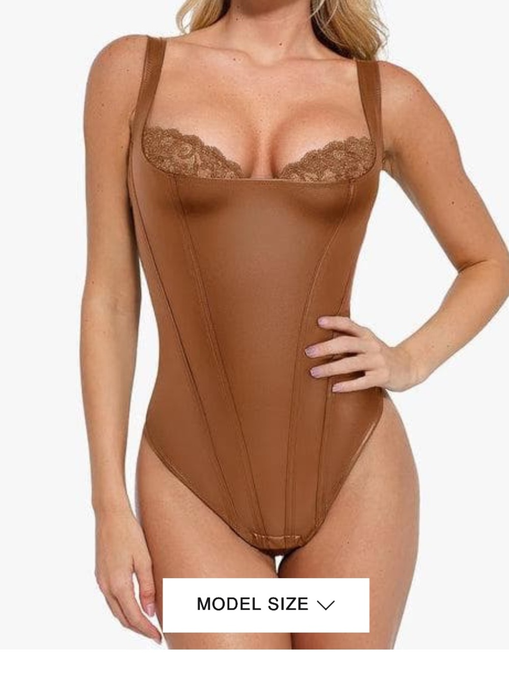 Women’s  Popilush lace Faux-Leather Bodysuit in Caramel Brown